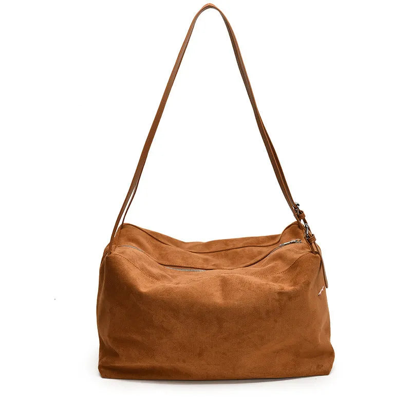 Women's large capacity fashion suede pillow shoulder bag in khaki, made of PU with slit pocket