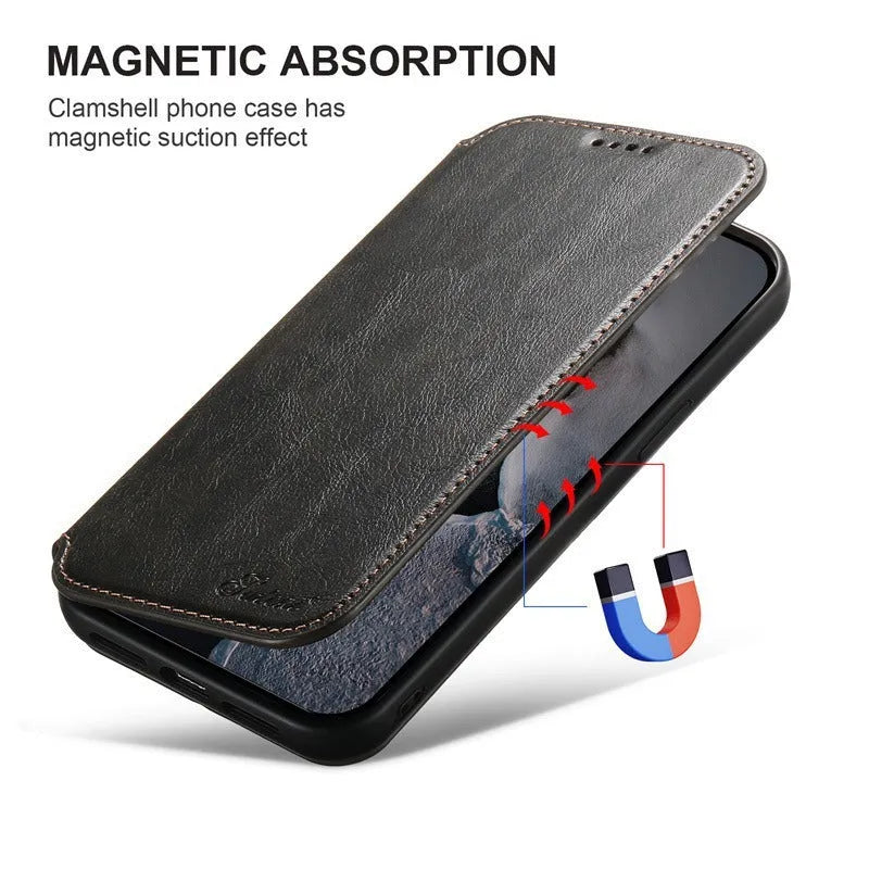 Magnetic phone case with card holster and bracket for iPhone 16, black frosted PU TPU