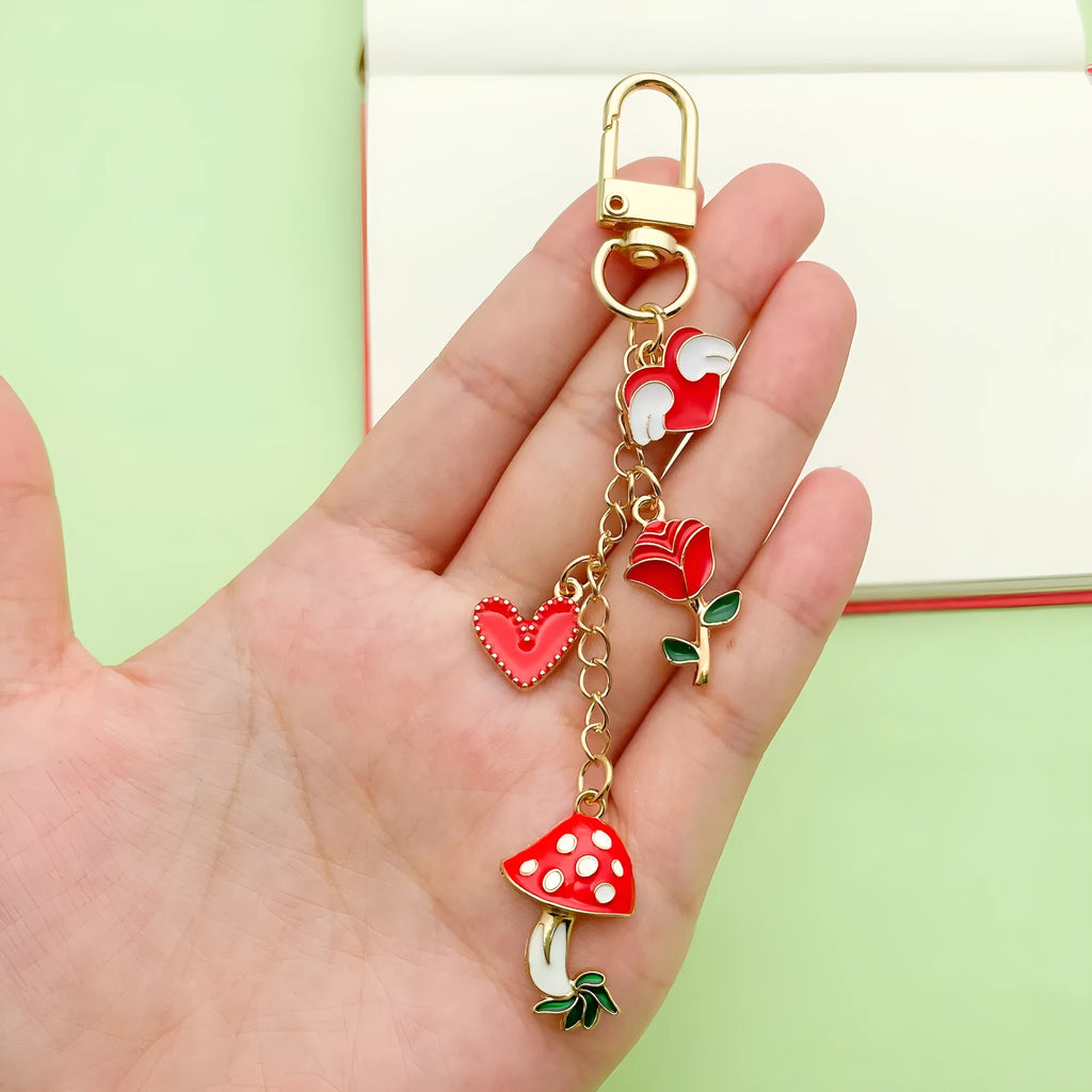 Red Mushroom Love Heart Rose Heart-shaped Alloy Keychain with unicorn motif colour LS613