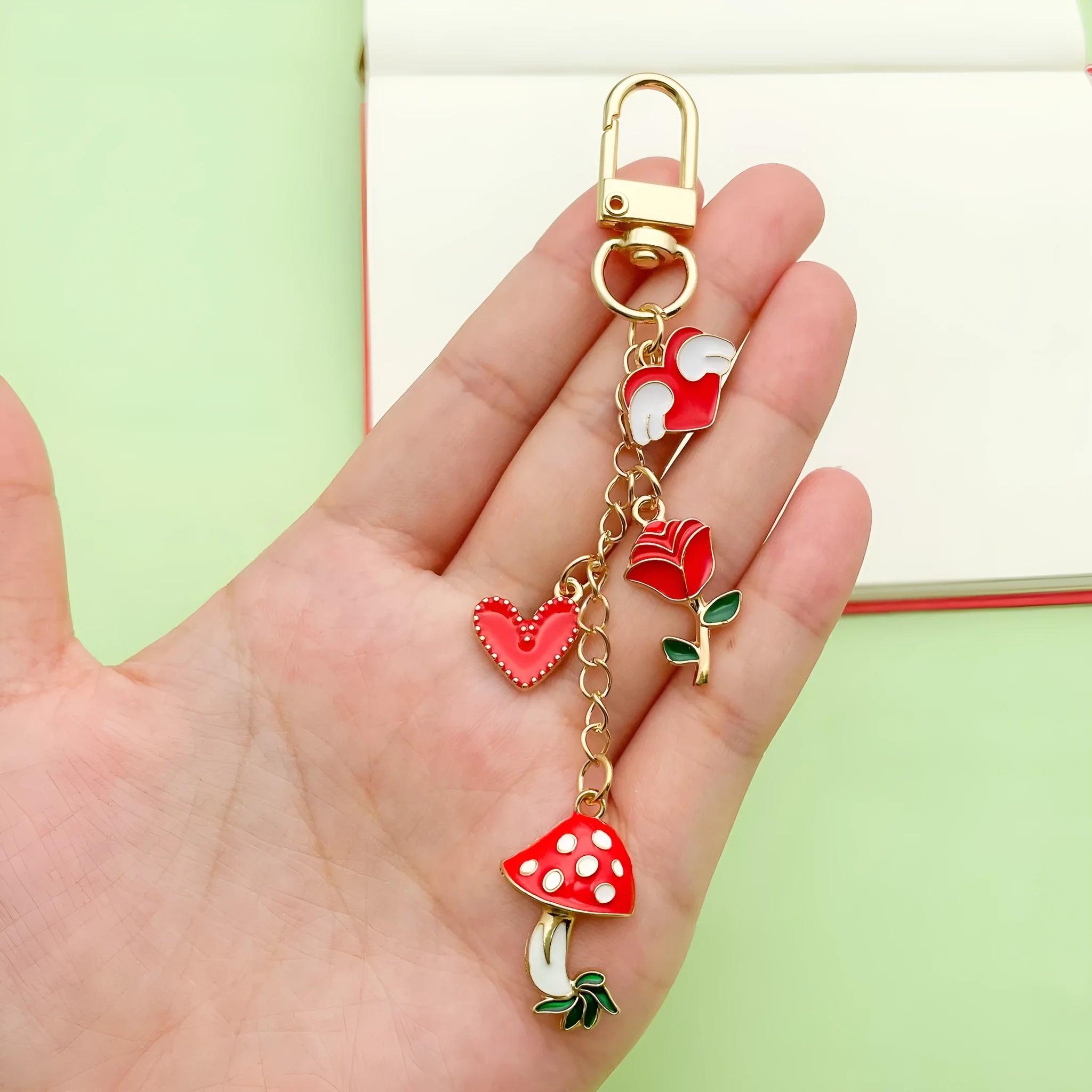 Red Mushroom Love Heart Rose Heart-shaped Alloy Keychain with unicorn motif colour LS613