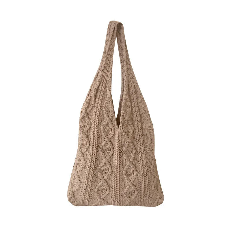 Retro hollow-knitted crochet shoulder tote bag in a solid colour with a double strap.