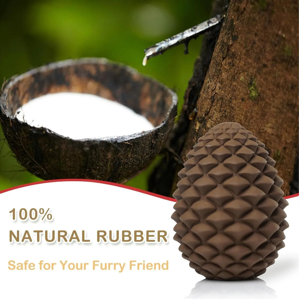 Pine cone shaped natural rubber dog toy for aggressive chewers with treat dispenser