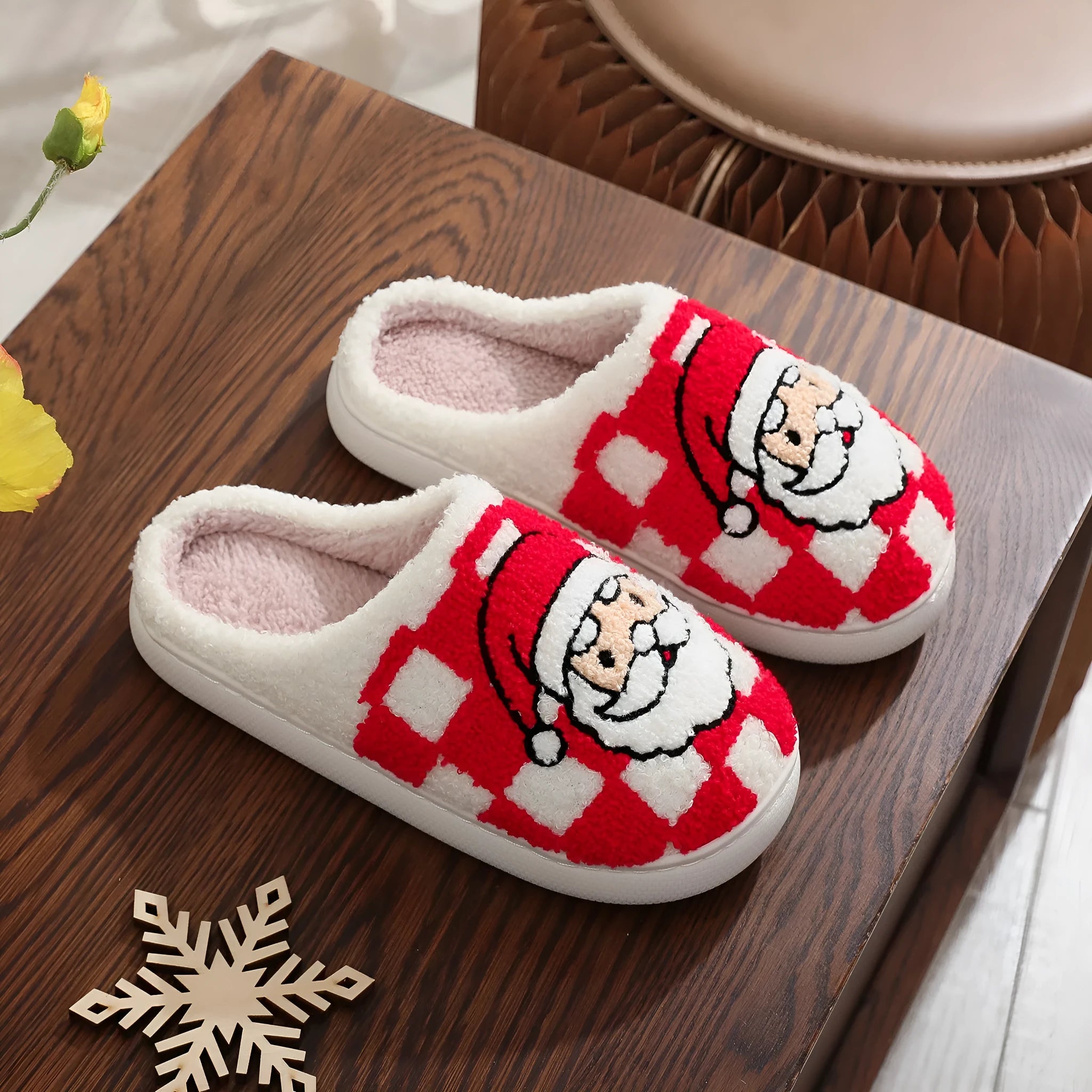 Red checkered Christmas plaid Santa Claus slippers with non-slip TPR sole for indoor winter wear