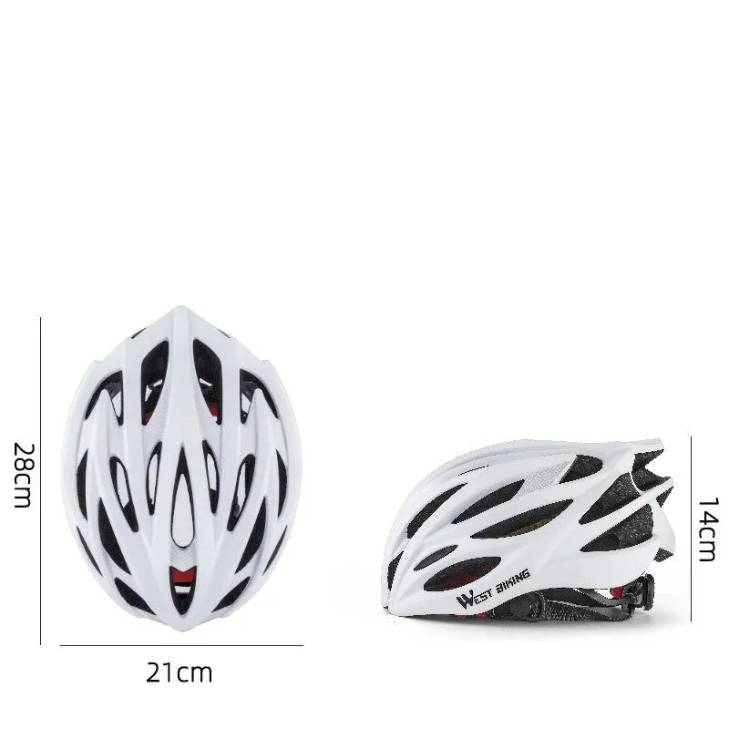 White bicycle helmet with integrated molding construction on display, size 54-62cm, PC and EPS materials