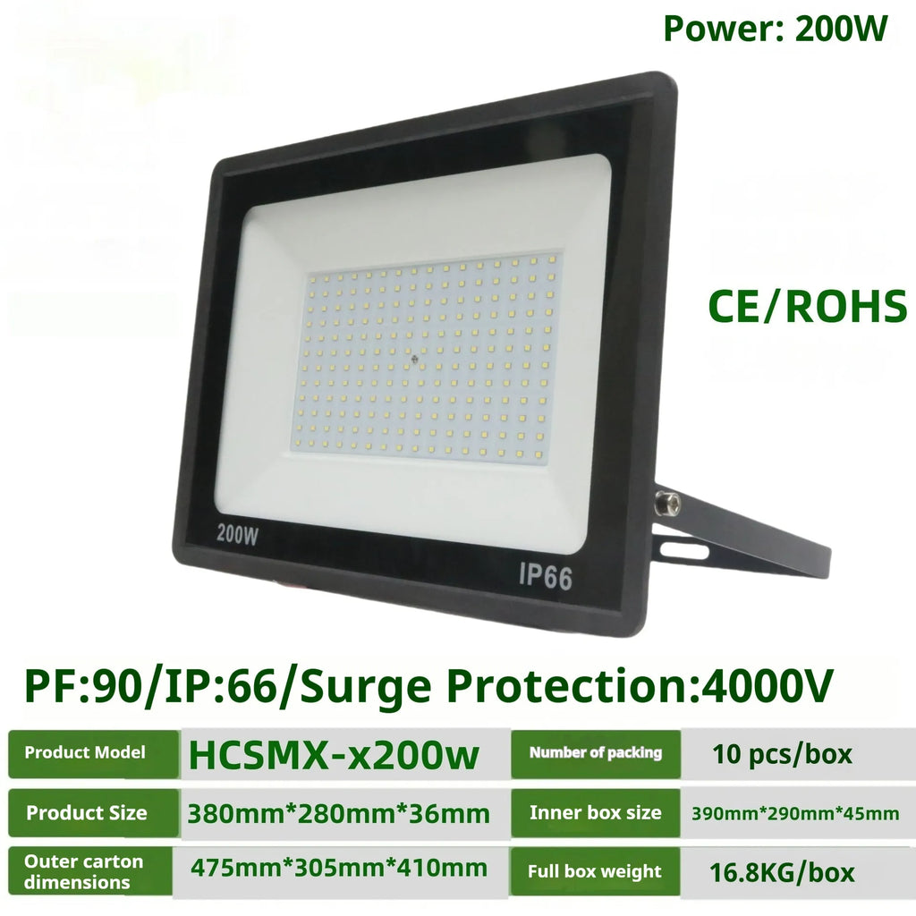 LED flood light with black high strength aluminium shell and 5mm glass cover, IP65 waterproof, 120° beam angle, 10W to 200W.