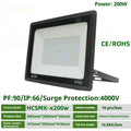 LED flood light with black high strength aluminium shell and 5mm glass cover, IP65 waterproof, 120° beam angle, 10W to 200W.