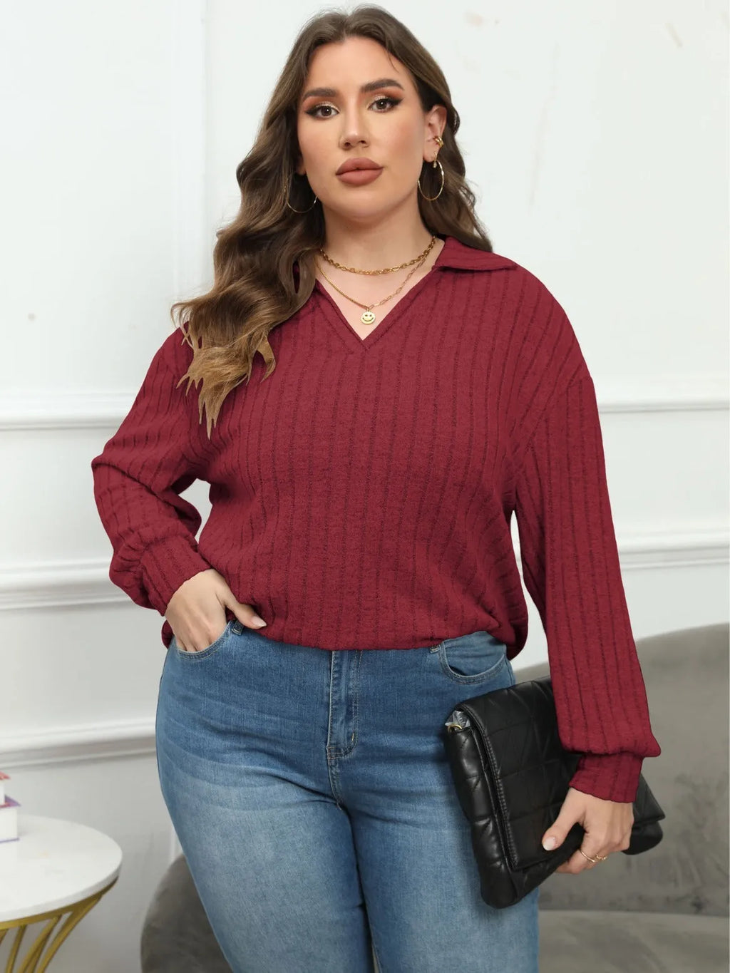 Women's plus size gray fleece pullover with polo collar and lantern sleeves