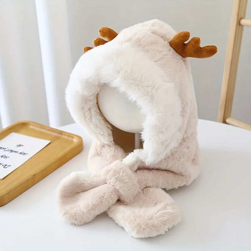 Cute deer plush winter hat with scarf for girls, 44-54cm, in blue, khaki, pink, or white.