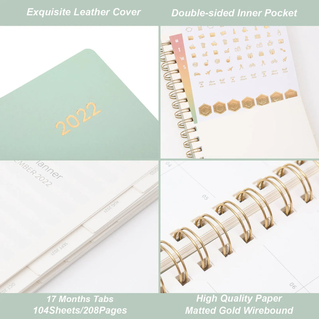 Blue A6 student weekly planner notebook with coil binding, open to show pages and pockets.