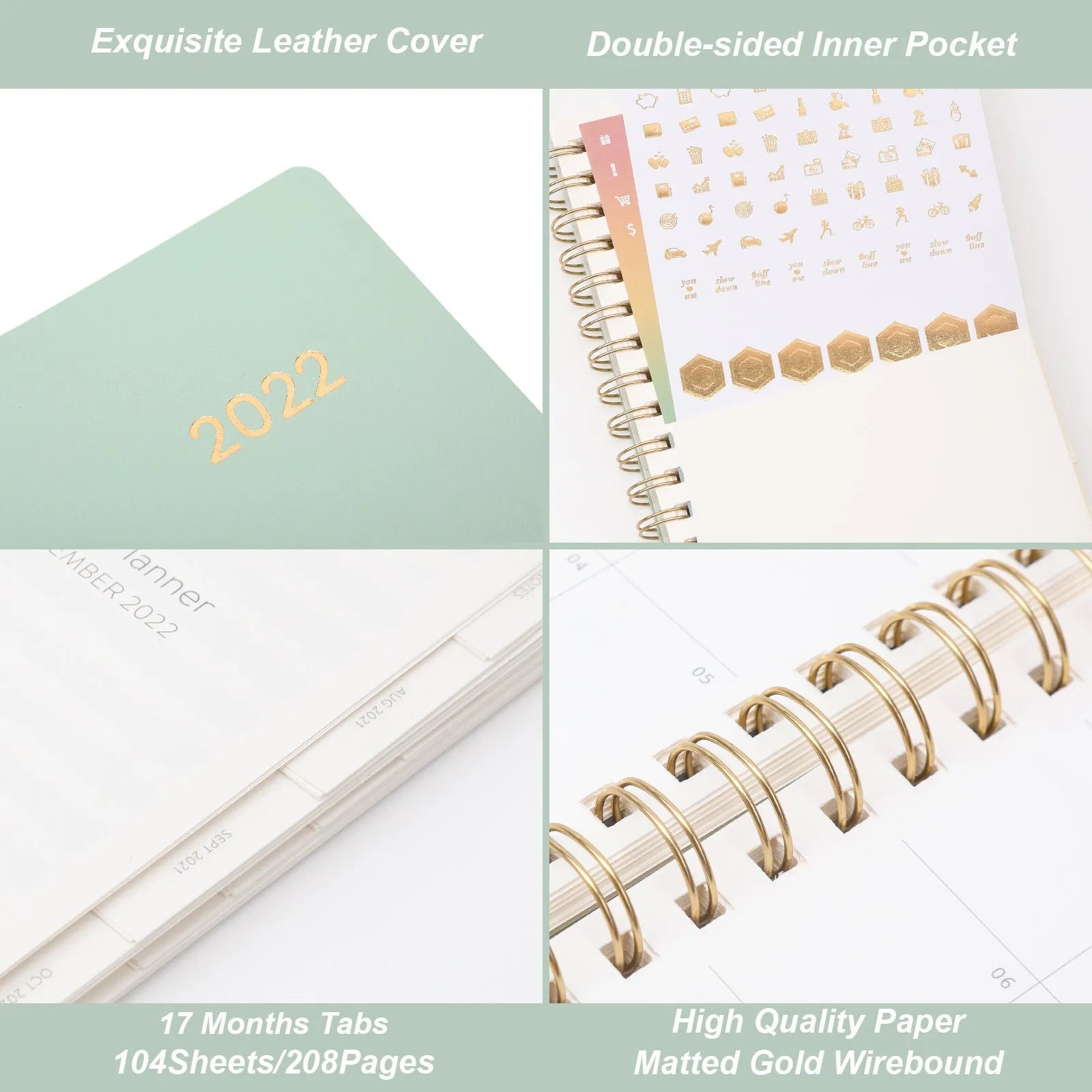 Blue A6 student weekly planner notebook with coil binding, open to show pages and pockets.