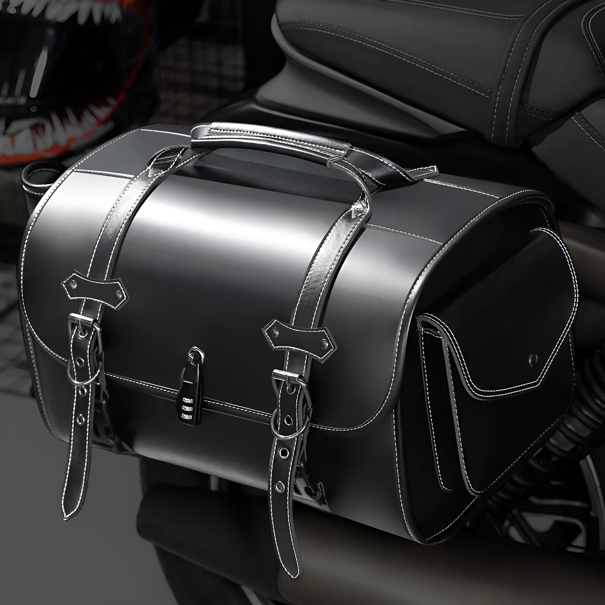 Dark punk motorcycle side bag with tail coded lock on cruiser motorcycle