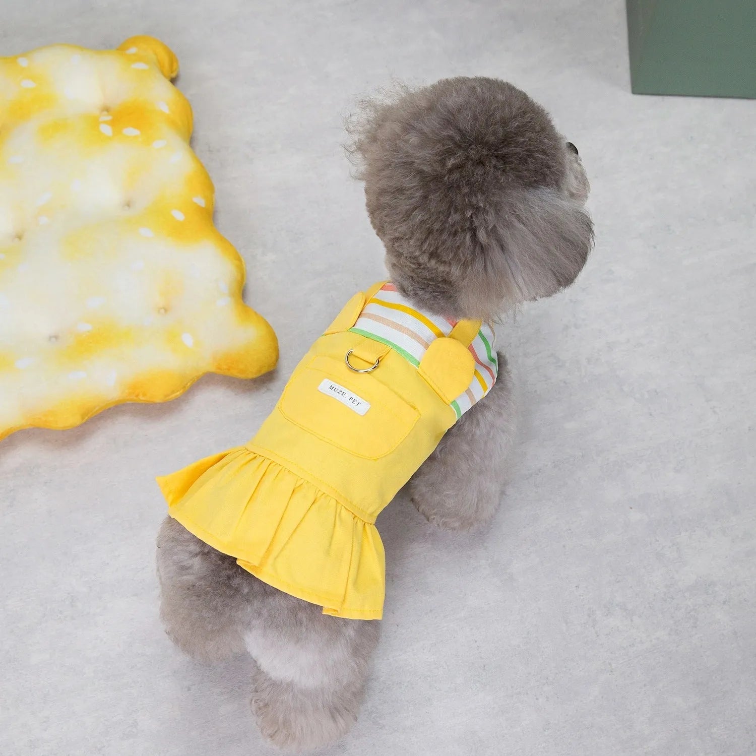 Striped patchwork dog skirt in cotton fabric available in orange and yellow colours