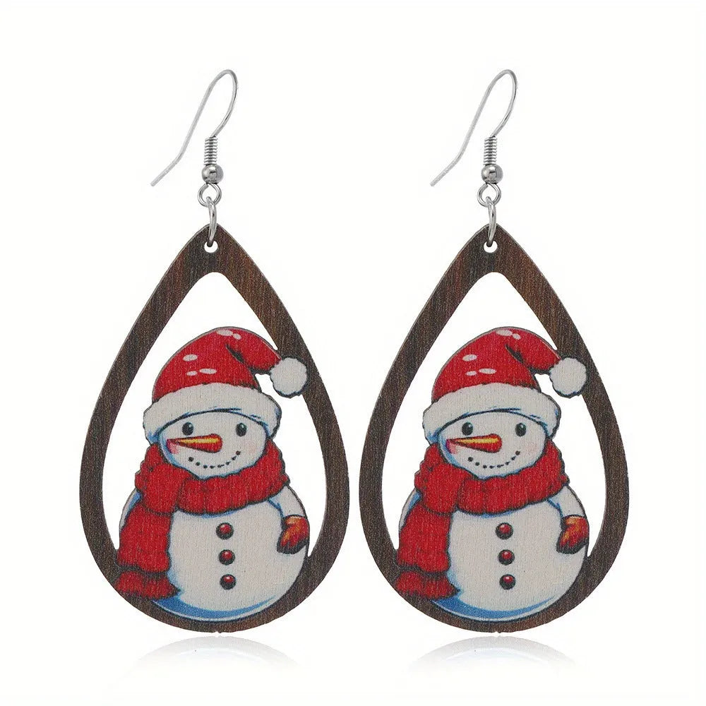 Women's creative Christmas wooden earrings with Christmas tree and water drop snowman designs