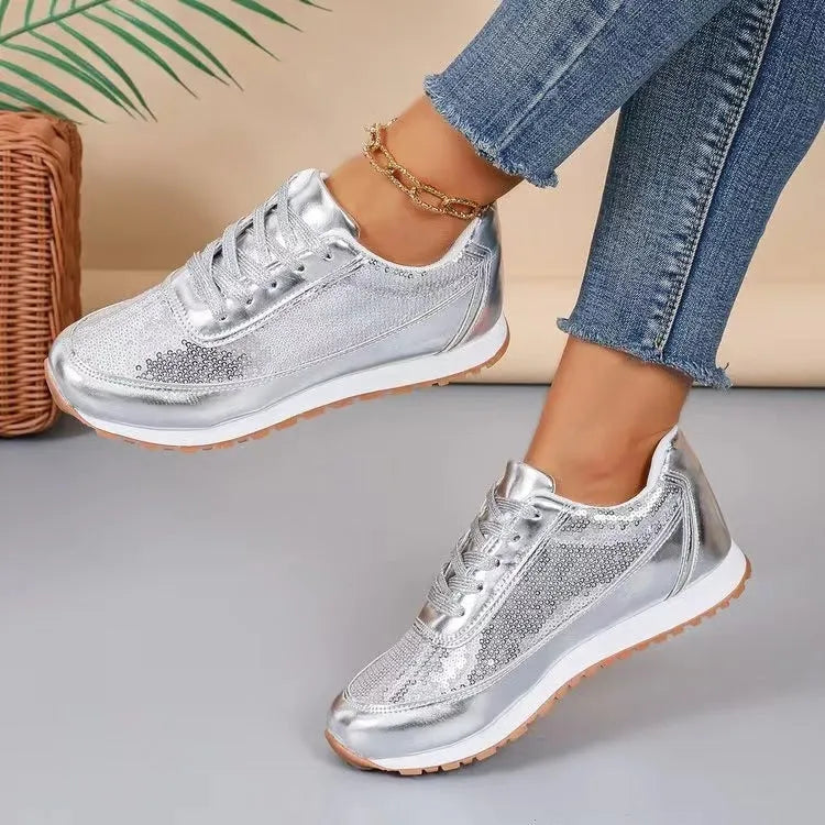 Women's thick-soled casual sneakers with square toe in black, champagne and silver colours