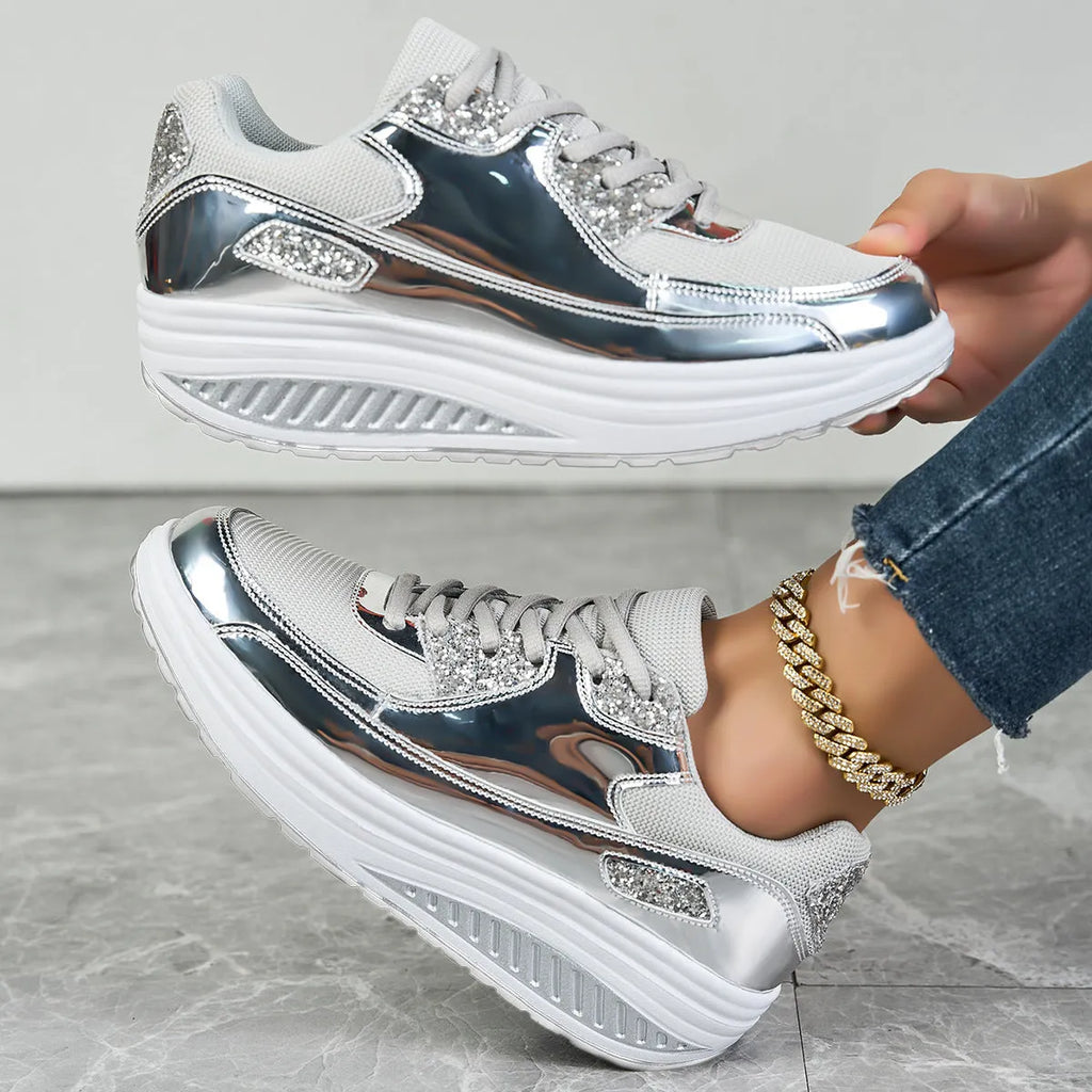 Women's outdoor travel leisure shoes with mesh upper round toe in gold colour