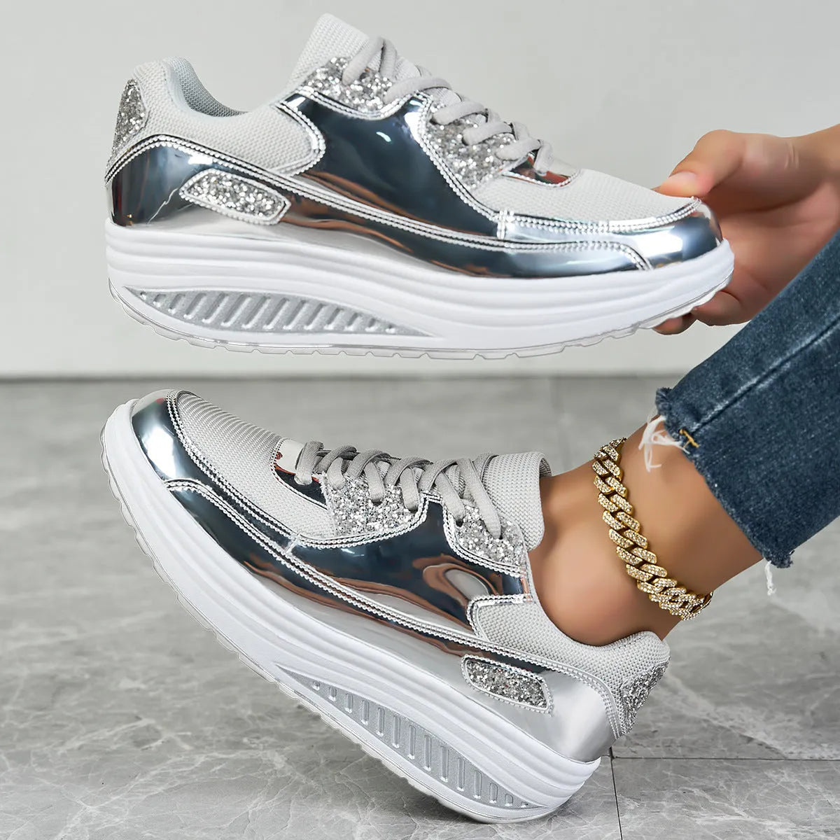 Women's outdoor travel leisure shoes with mesh upper round toe in gold colour