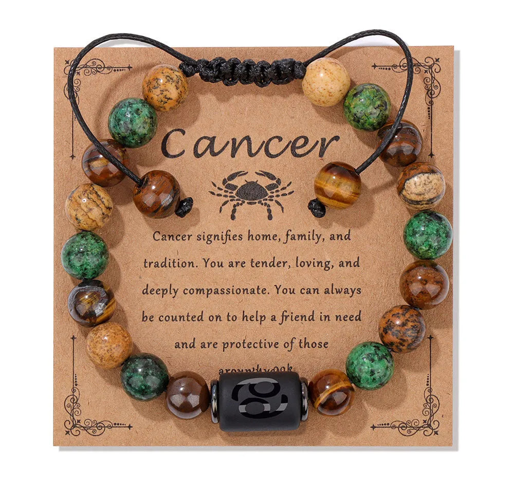 12 constellation woven men's retro natural stone bracelet with agate beads, 19cm length, unisex zodiac design