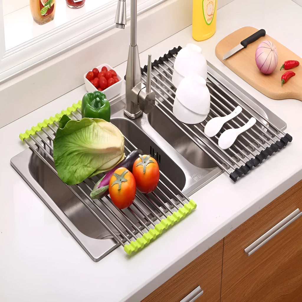 Folding stainless steel kitchen sink drain rack with dish drying tubes in red colour