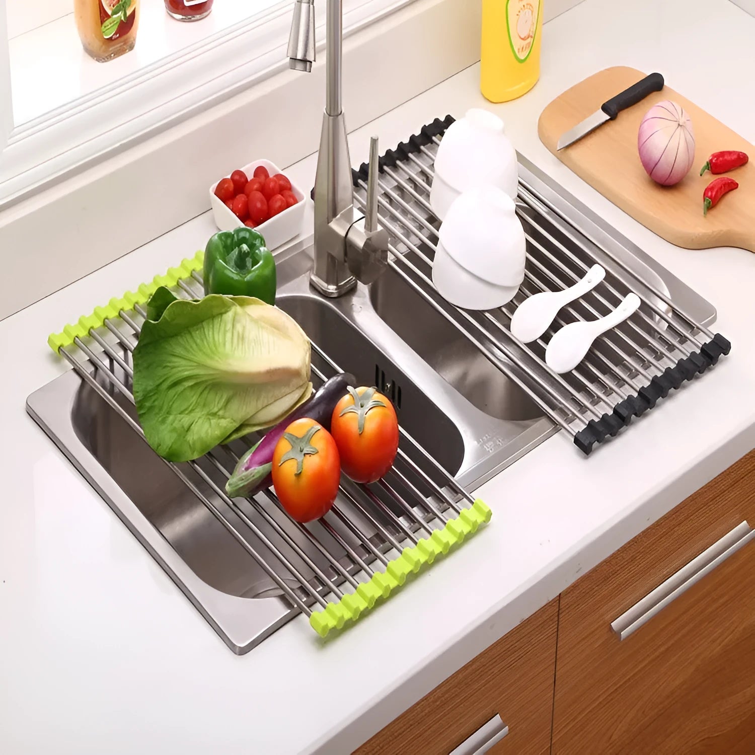 Folding stainless steel kitchen sink drain rack with dish drying tubes in red colour