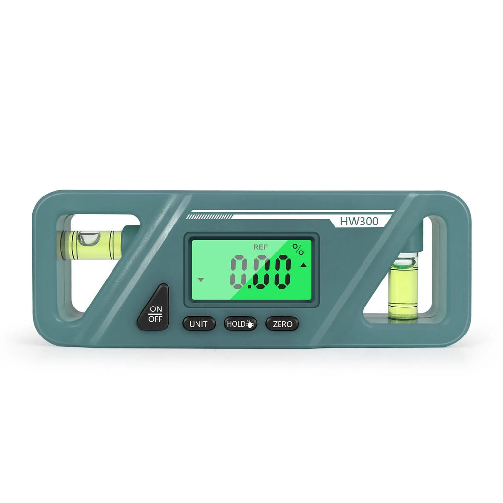 Black digital inclinometer level meter with magnetic base and LCD display showing angle reading.