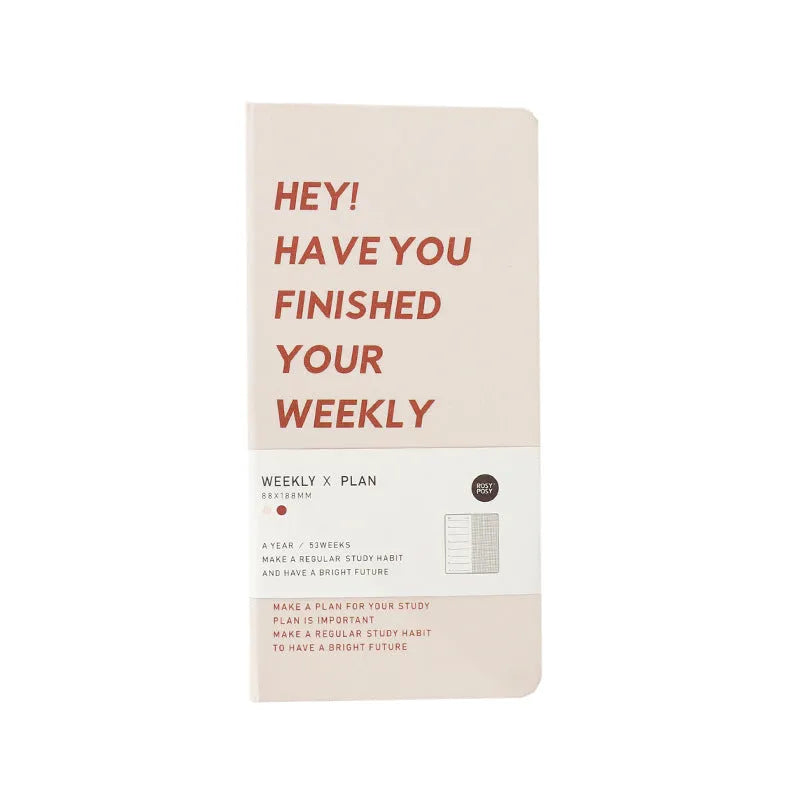 A5 weekly planner diary in blue, brown, green, and purple colours showing 100-page interior