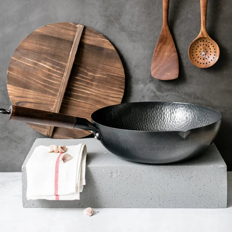 Traditional black iron wok with wooden handle, 40cm diameter with induction-compatible base