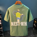 Green loose fit men's T-shirt with a trendy literary print on the front.