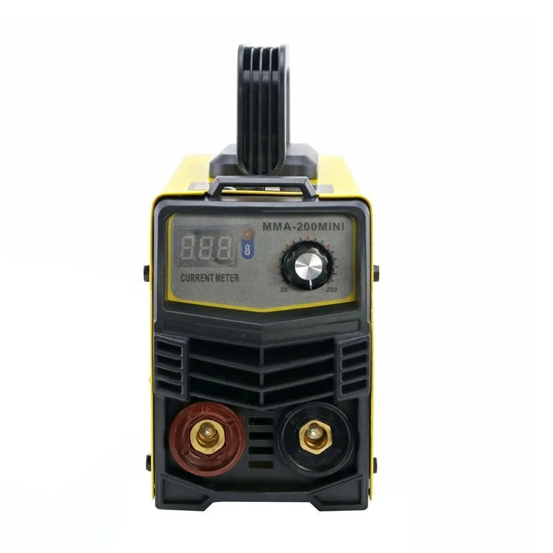 MMA-200MIN 220V portable DC inverter welding machine with face shield and accessories on a workbench.