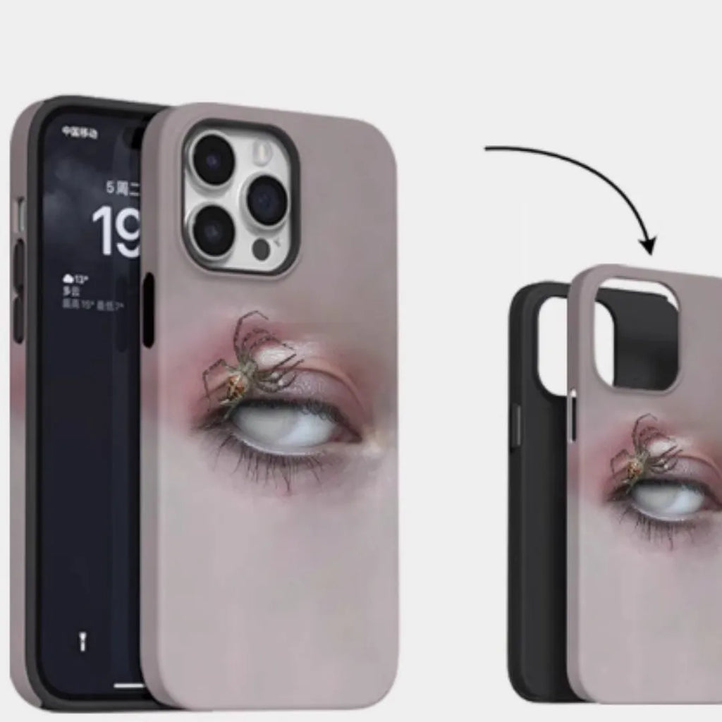 Dark heterochromatic spider design resin iPhone case for anti-fall protection on iPhone 11 to 16Promax models.