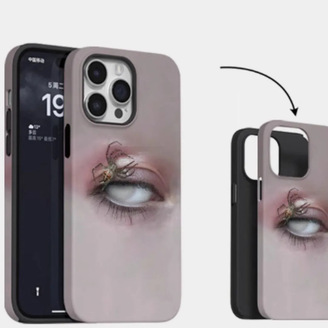 Dark heterochromatic spider design resin iPhone case for anti-fall protection on iPhone 11 to 16Promax models.