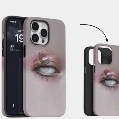 Dark heterochromatic spider design resin iPhone case for anti-fall protection on iPhone 11 to 16Promax models.