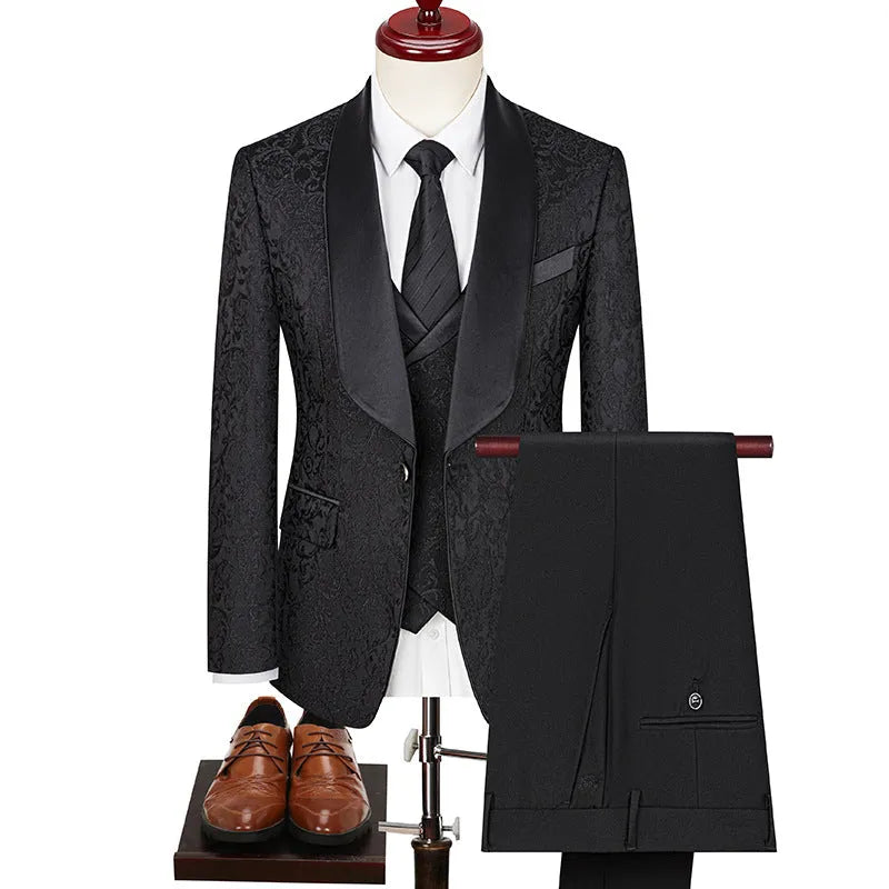 Men's jacquard slim fit wedding suit in black, acetate fibre blend, Asian sizing