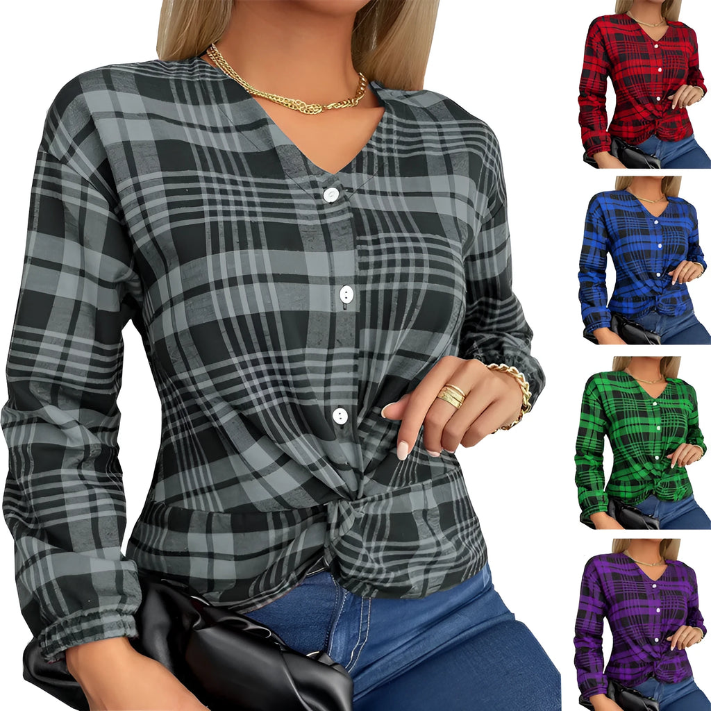 Women's loose plaid casual shirt in polyester available in grey, purple and red colours with regular sleeves