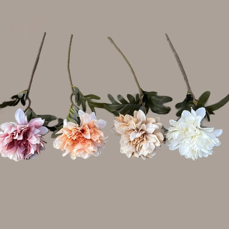 Artificial chrysanthemum with purple plastic and silk petals, 37cm tall, on a neutral background