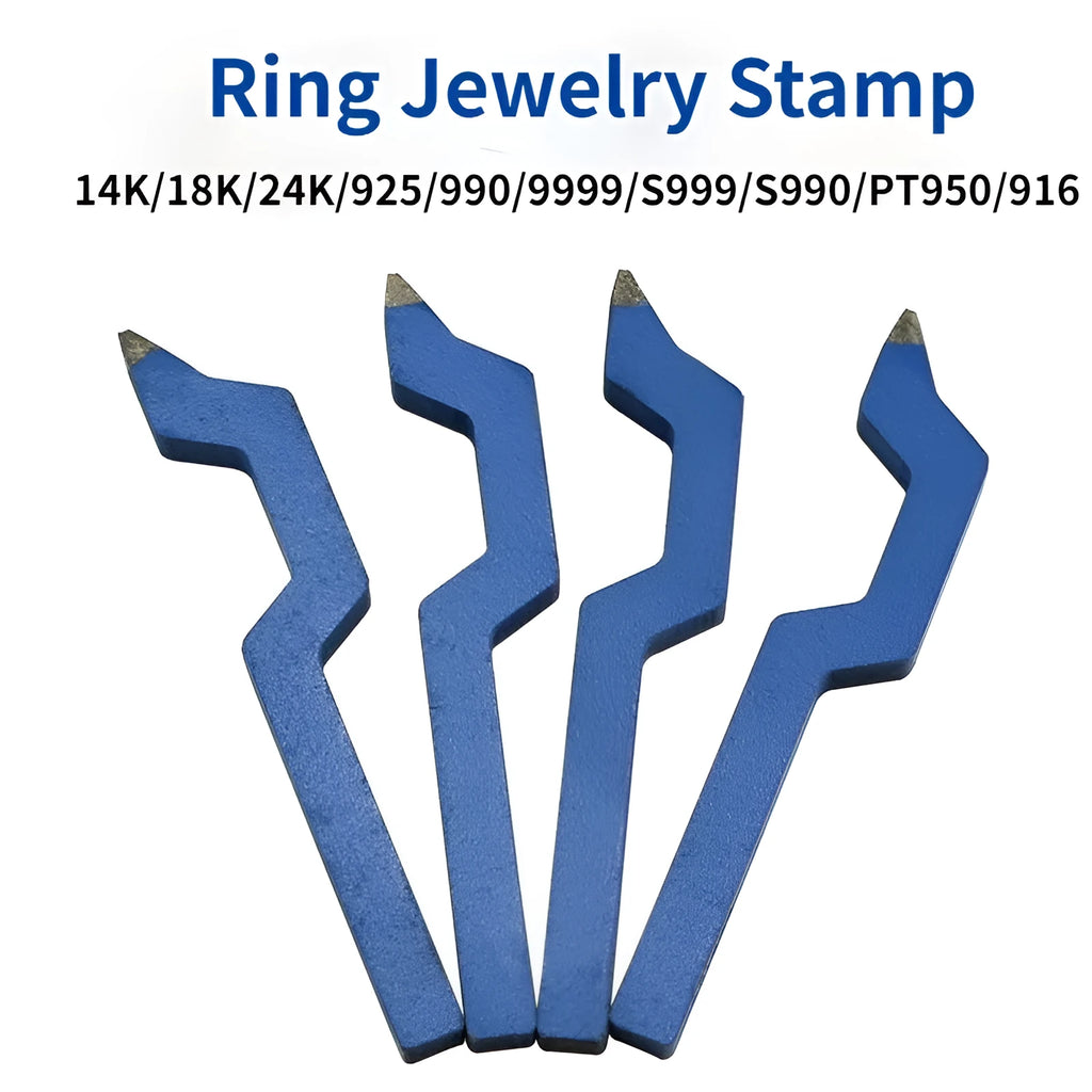 Curved character alphanumeric steel stamping tool for jewellery on a workbench.