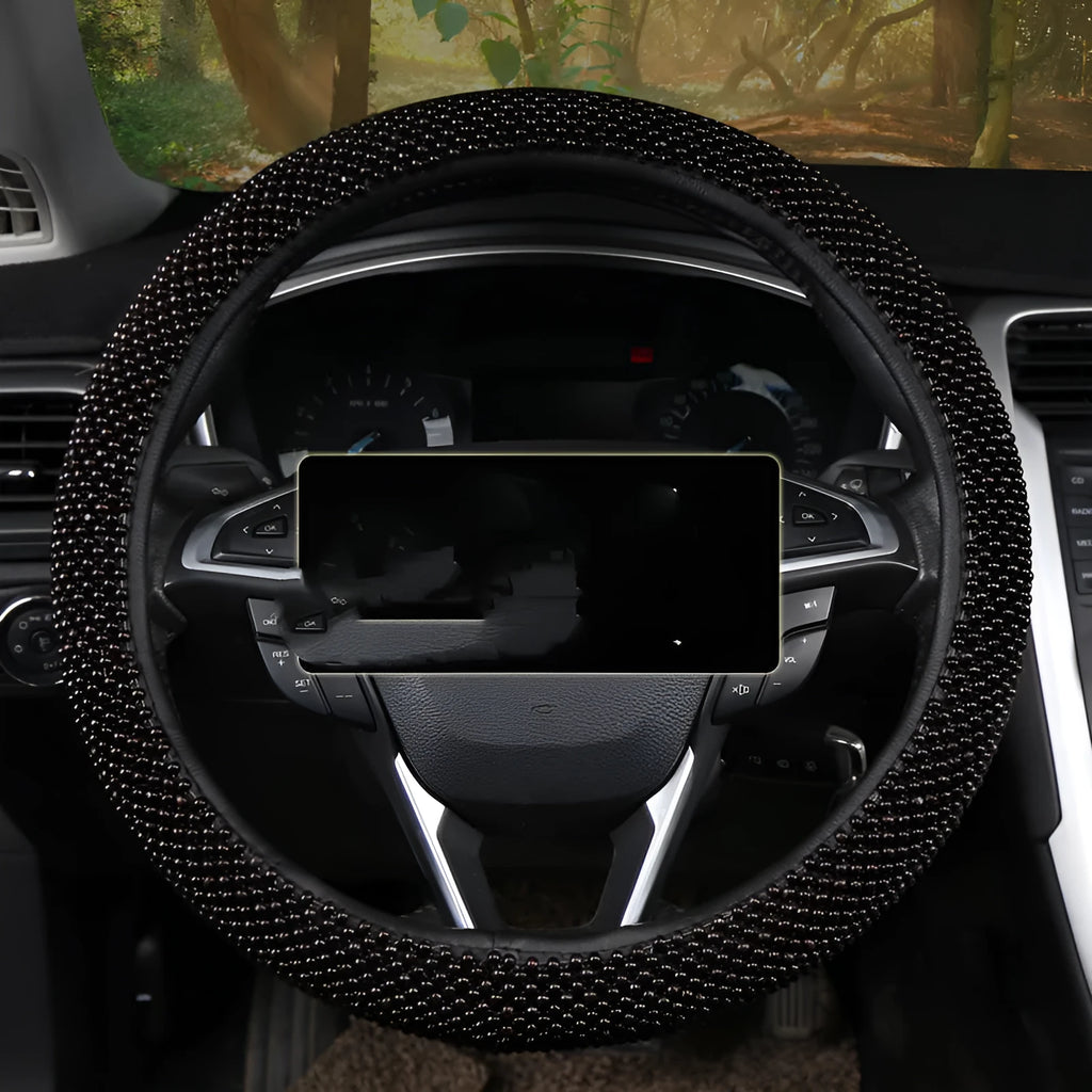 Small card light wooden bead steering wheel cover in Black for 38cm wheels summer style
