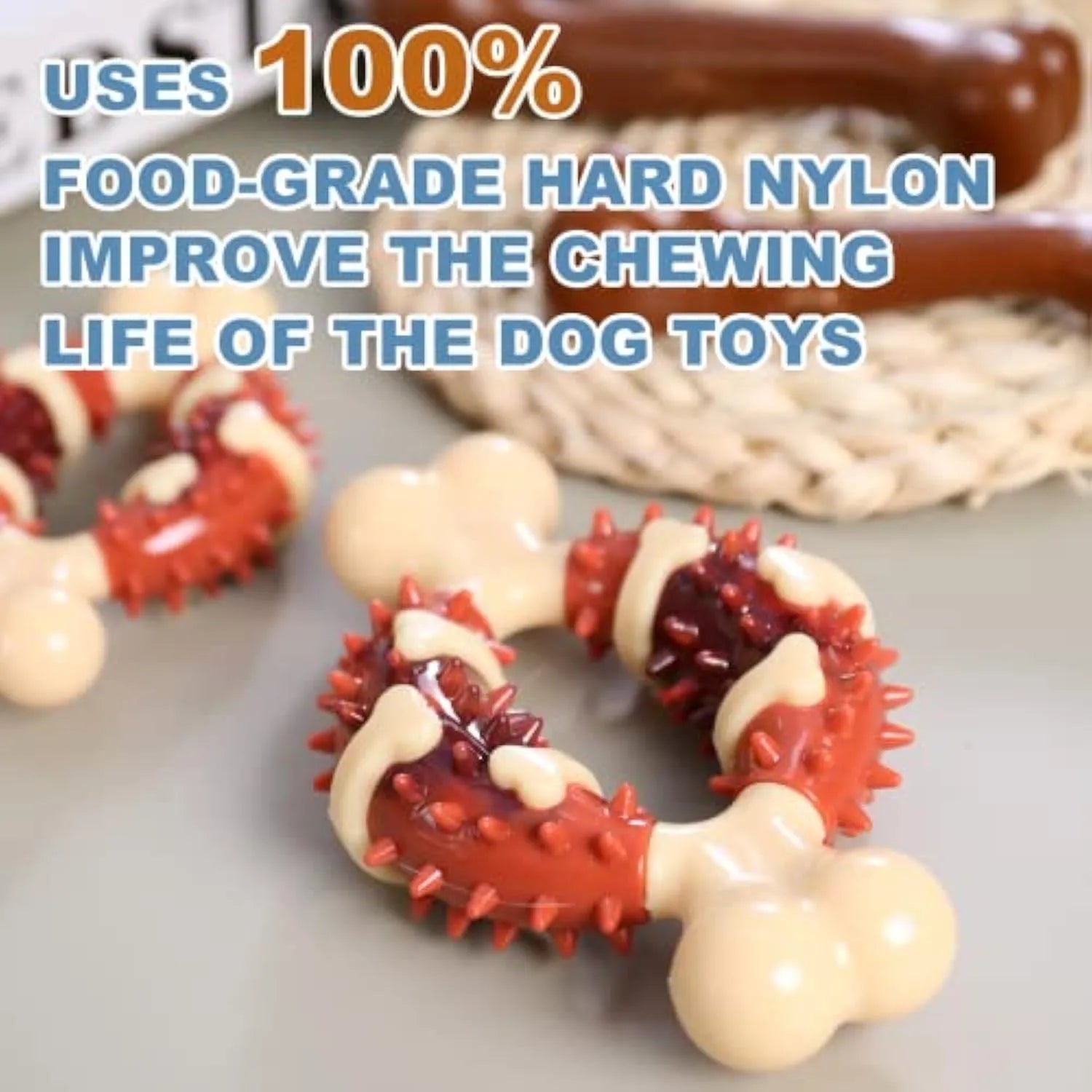 Bone-shaped natural rubber dog chew toy for grinding teeth, shown in large and small sizes.