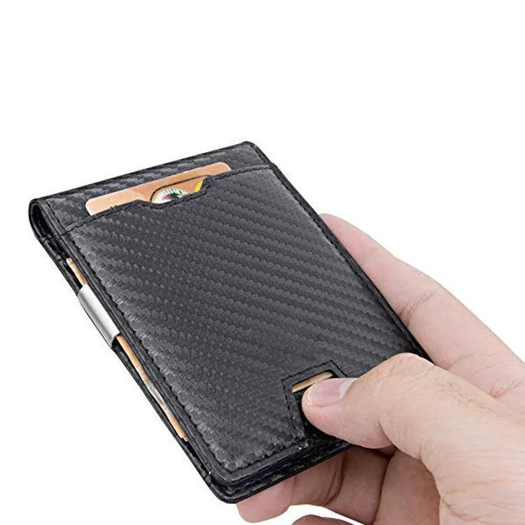 Men's black fibre leather card holder money clip wallet with horizontal square shape and cash clip open
