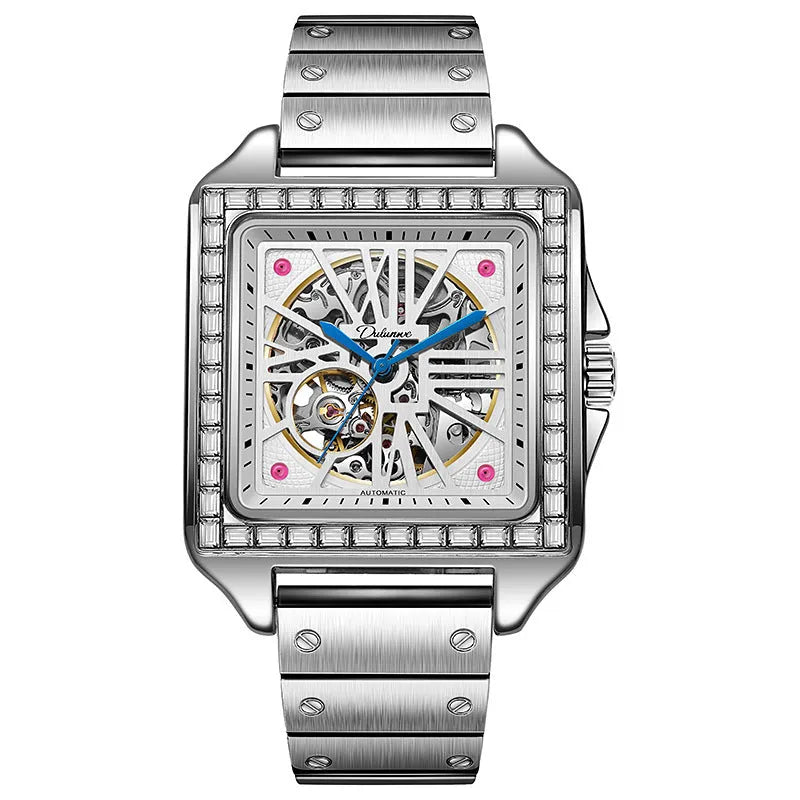 Square diamond-studded automatic watch for men in business style with black or white options