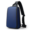 Men's blue Oxford cloth chest bag with soft handle and shoulder straps.