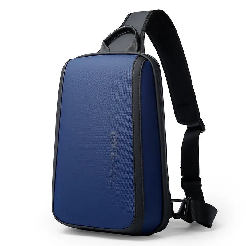 Men's blue Oxford cloth chest bag with soft handle and shoulder straps.