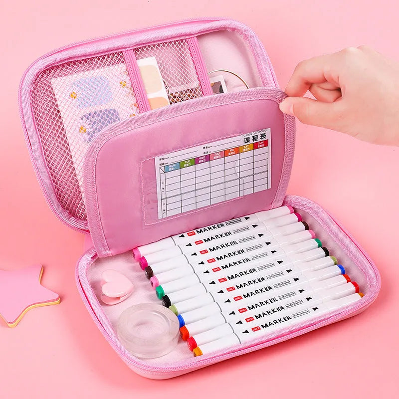 Square canvas pencil case with cartoon character design in rabbit, dinosaur, or moon cat style with zippered closure