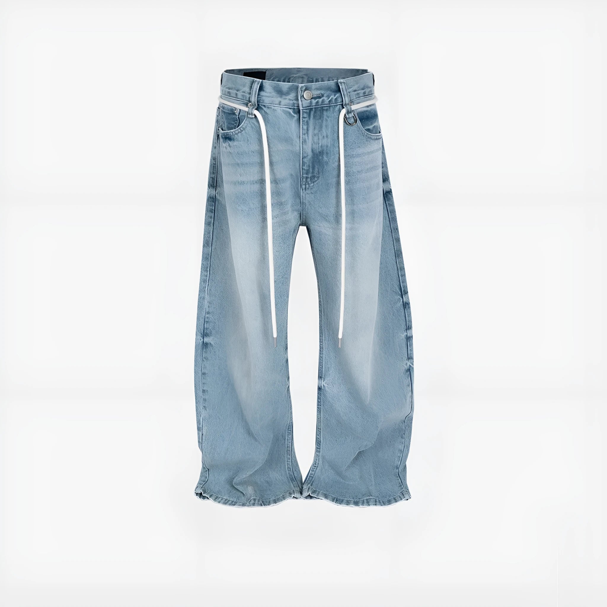 Blue vintage washed straight-leg denim trousers with drawstring belt laid flat