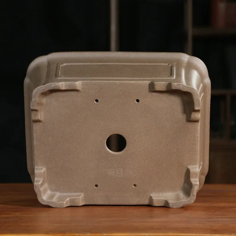 Rectangular antique-style purple sand flowerpot for bonsai, shown on a floor.