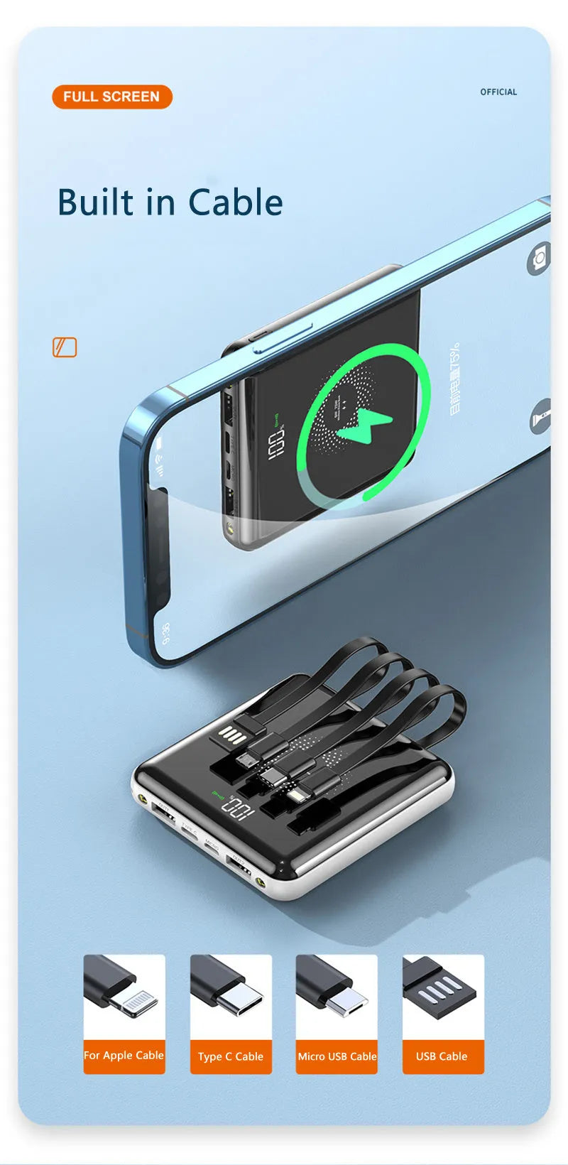 Compact square 20000mAh power bank with LCD screen, shown in red, green, and black colour options.