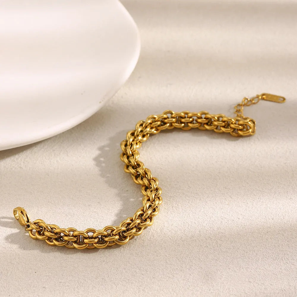 Gold stainless steel lantern chain bracelet for women with geometric ring design and electroplated finish