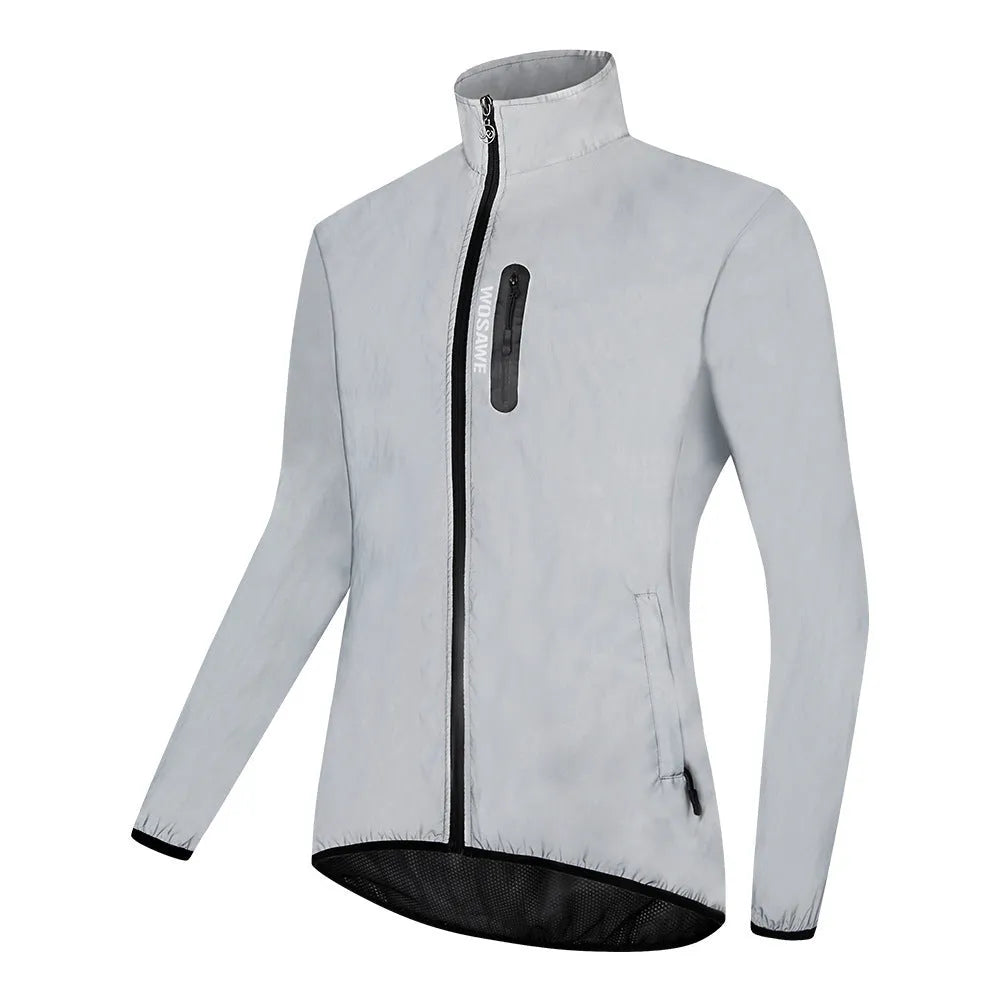 Silver men's waterproof polyester long-sleeved coat on a hanger.