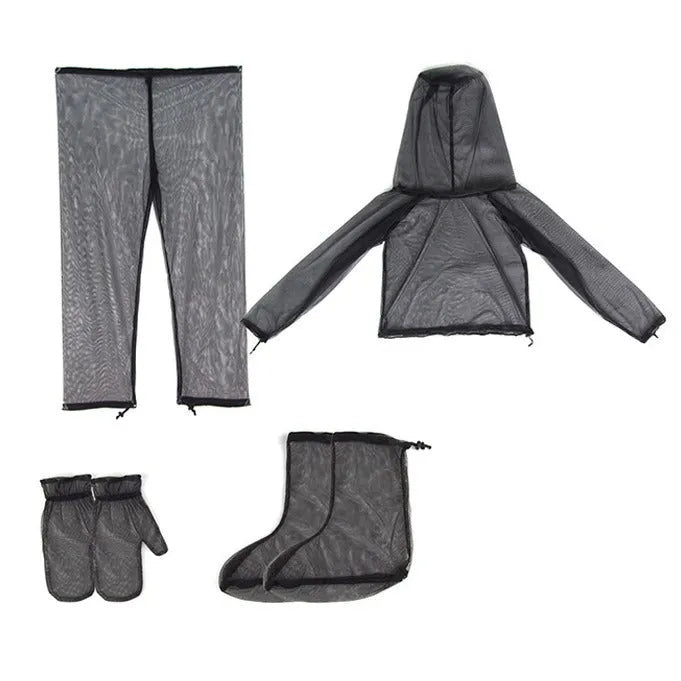 Mosquito-proof outdoor clothing set with hooded top, pants and booties in mesh fabric