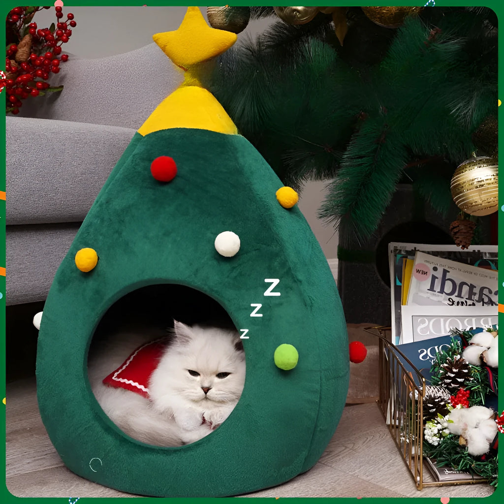 Christmas tree-shaped plush pet cave bed for cats and dogs with detachable cover