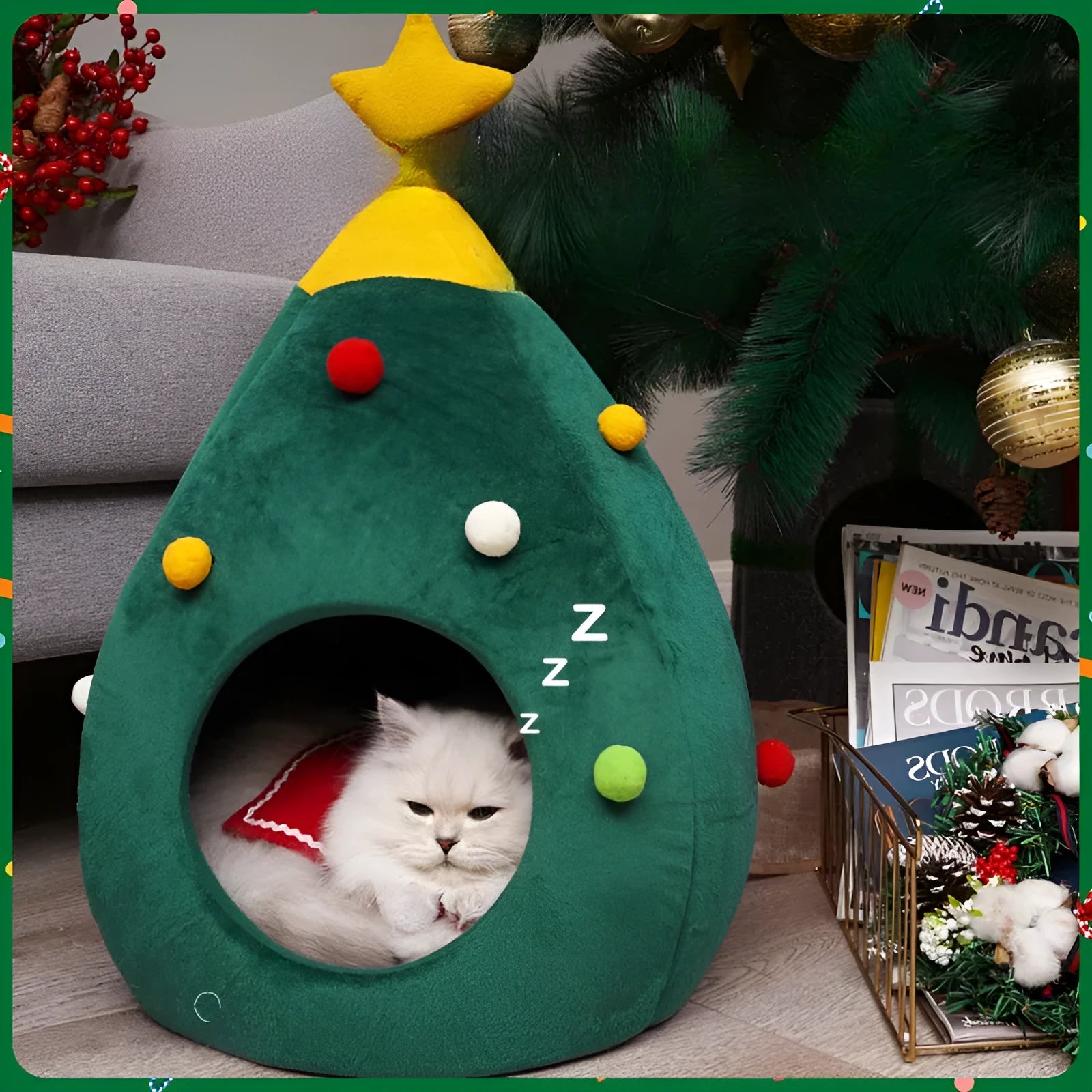 Christmas tree-shaped plush pet cave bed for cats and dogs with detachable cover